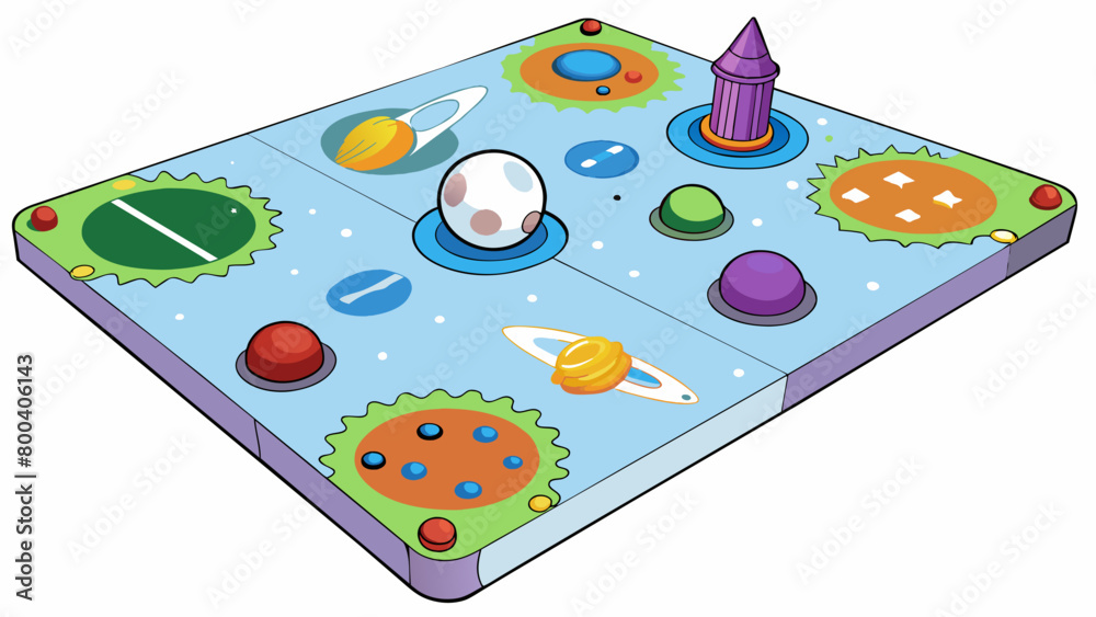 Poster A spacethemed board game where players compete to colonize a newly discovered planet. The board features a vast colorful galaxy with different planets. Cartoon Vector.