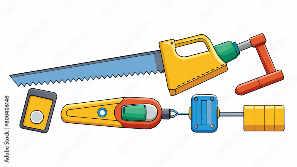 Poster A small toy tool set consisting of a saw pliers and tape measure. The tools are made of durable metal and have a realistic look with textured handles. Cartoon Vector.