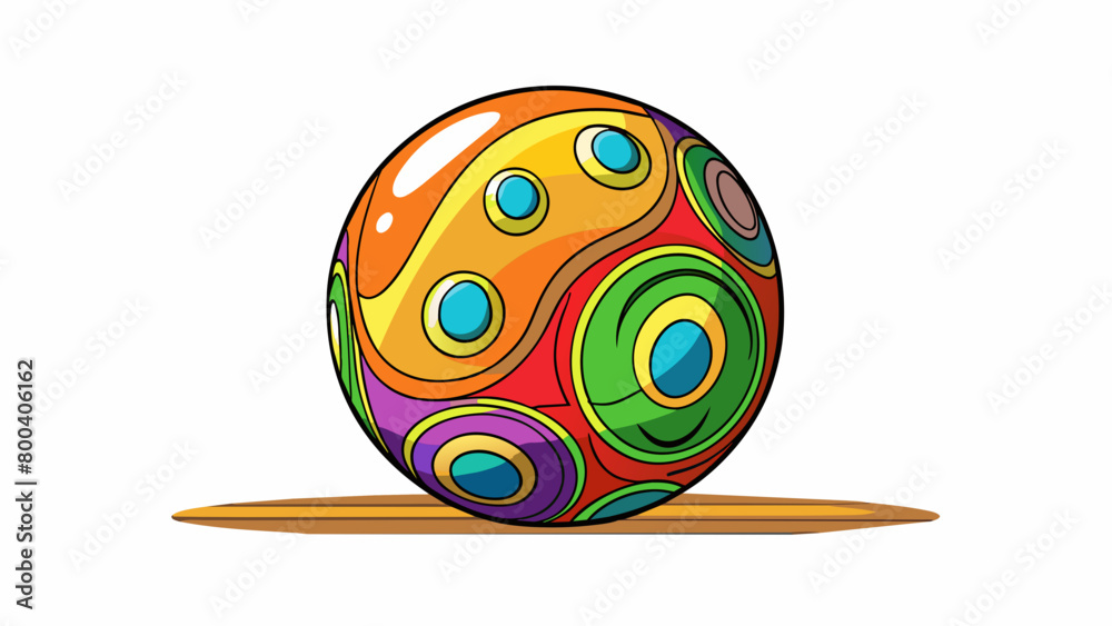 Poster A spherical heavy ball with vibrant colorful patterns covering its surface. Its weight and shape make it perfect for knocking down pins on a polished. Cartoon Vector.