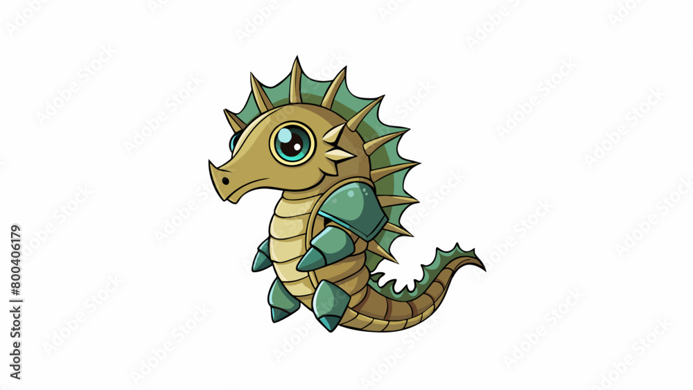 Poster a spiky armored seahorse with a tough scaly exterior resembling a miniature knight. its body is ador
