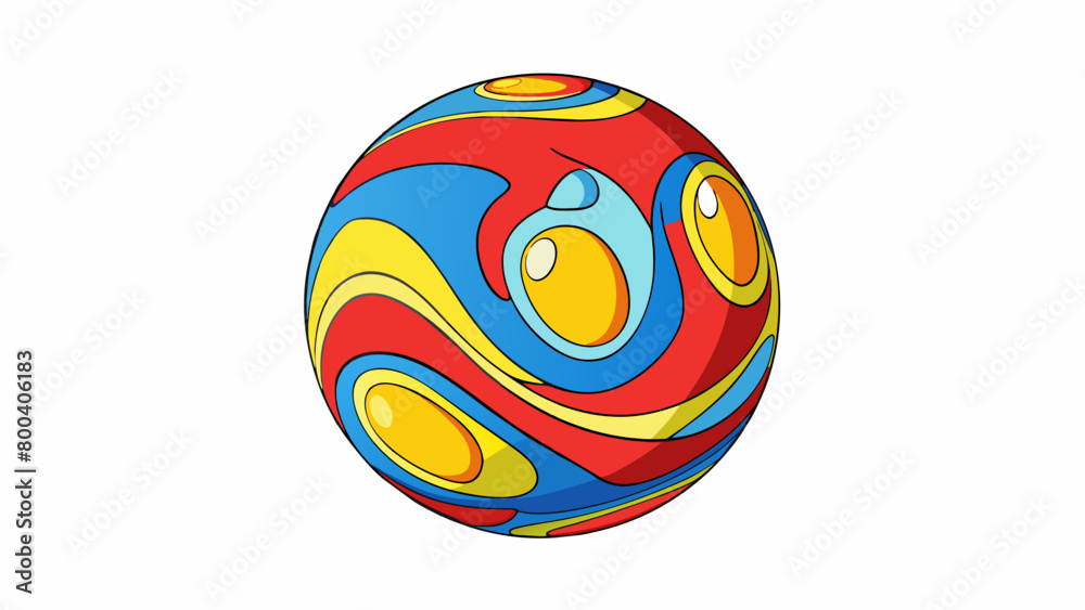 Poster A spherical object with a vibrant abstract design featuring swirls and splatters of red blue and yellow. It has a rubbery texture and is lightweight. Cartoon Vector.