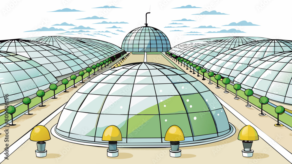 Poster a sprawling agricultural dome filled with rows of cylindrical containers where various crops are gro