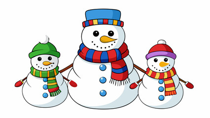 A snowman family with a large snowman for a daddy a mediumsized snowman for a mommy and a small snowman for a baby all adorned with colorful scarves. Cartoon Vector.
