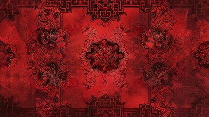 Crimson red texture adorned with elaborate inspired motifs.