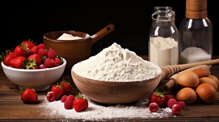 Fototapeta premium Baking becomes an art with this still-life capturing fresh strawberries, a bowl of flour, eggs, and a milk bottle