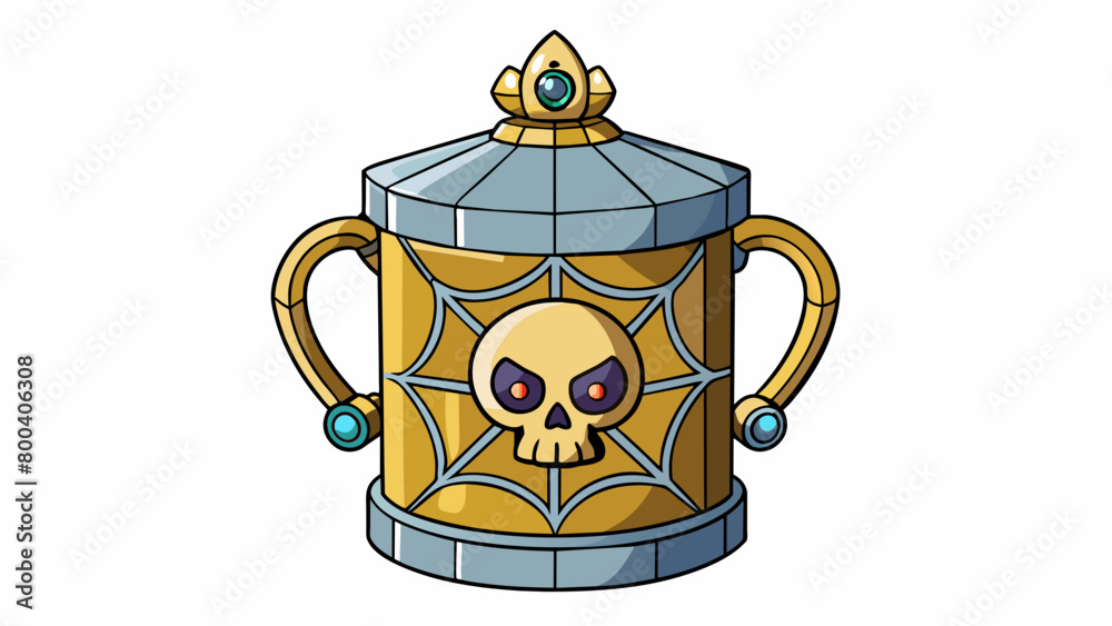 Poster a sy metal container with a large golden skull mounted on top as a handle. the lid is decorated with