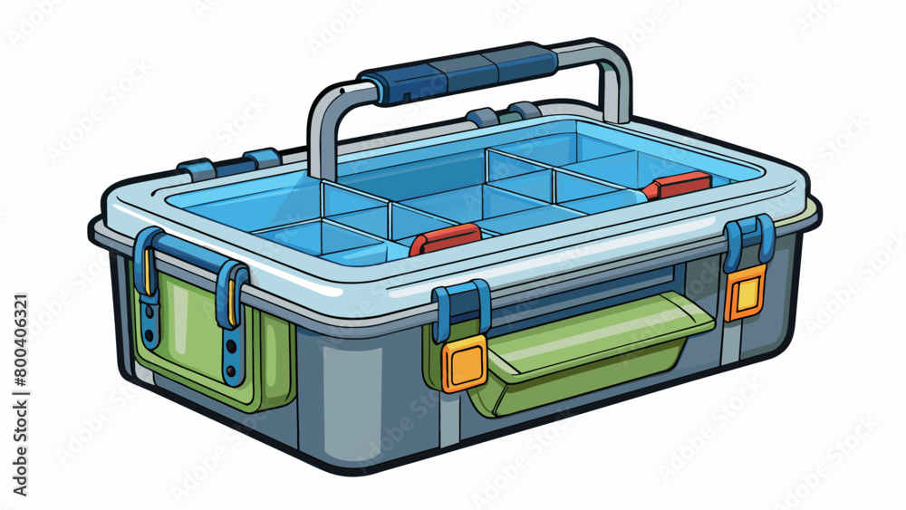 Poster a tackle box consisting of a clear waterproof material. it has a zippered closure and a long shoulde
