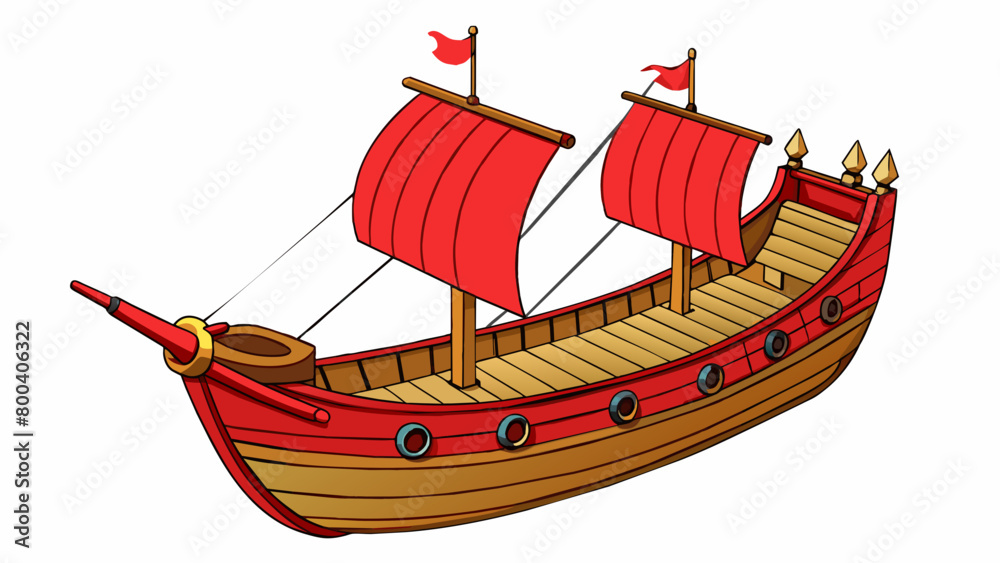 Poster A sy ship with a broad wooden hull and a single mast rising high into the sky. The sails are a deep shade of red adorned with intricate designs and. Cartoon Vector.