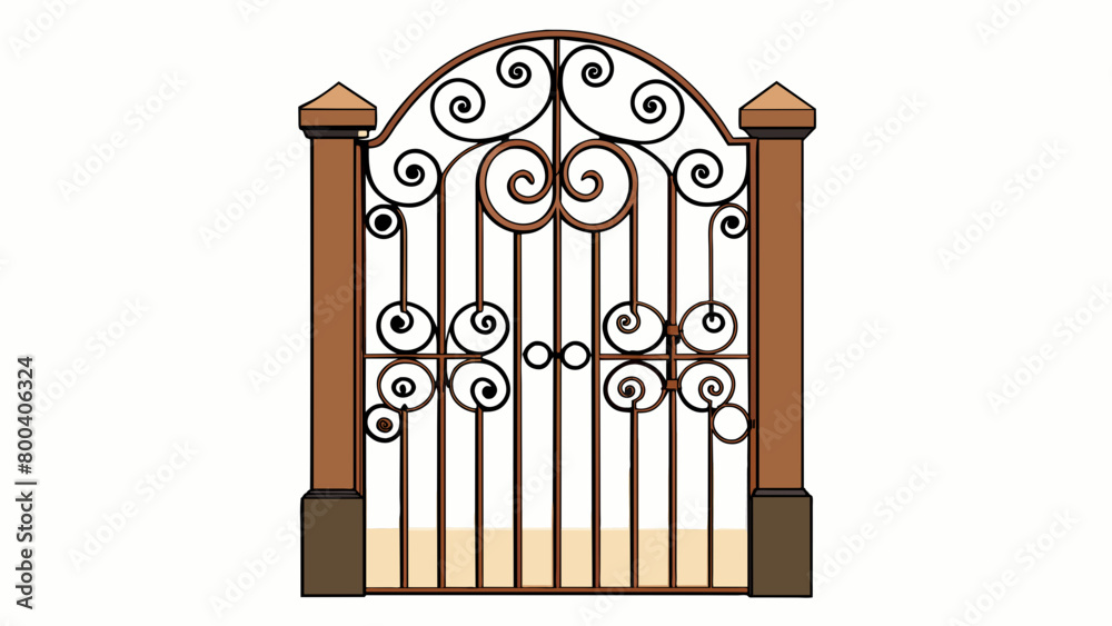 Poster a tall antique iron gate adorned with intricate scrollwork and rusted accents. its weight gives it a