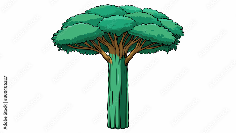 Poster A tall and slender tree with a sprawling canopy of glossy dark green leaves. Its trunk is smooth and sy with some branches hanging low to the ground.. Cartoon Vector.