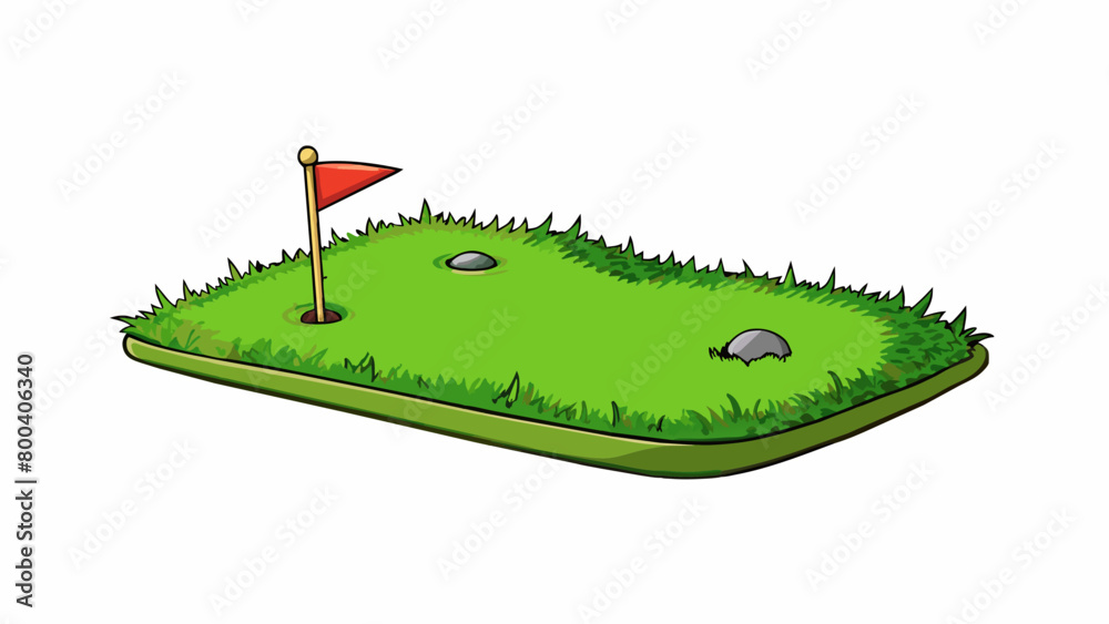 Poster A synthetic green with a velvety texture perfectly mimicking real grass. It has a small flagstick planted in the center and strategically p bumps and. Cartoon Vector.