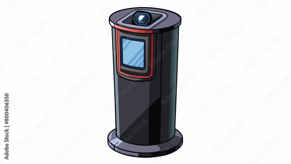Poster A tall cylindrical device with a glossy black finish and a large curved screen on top. The base has a handshaped out with a camera lens in the center.. Cartoon Vector.