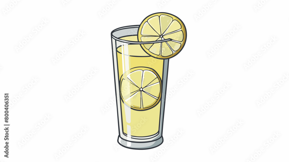 Poster a tall glass filled with a pale yellow liquid topped with a few thin slices of lemon. the drink has 
