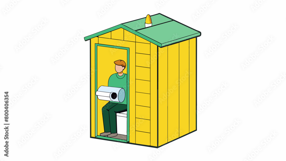 Poster a tall rectangular cubicle with a yellow exterior and a dark green roof. the door is marked with a s