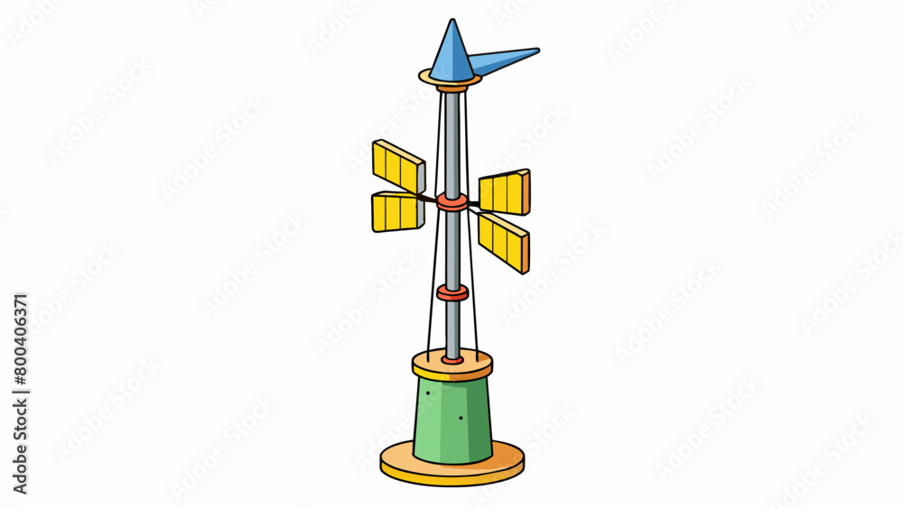 Poster A tall tower with four vertical blades attached to it. The blades rotate at different speeds depending on the wind intensity and each rotation is. Cartoon Vector.
