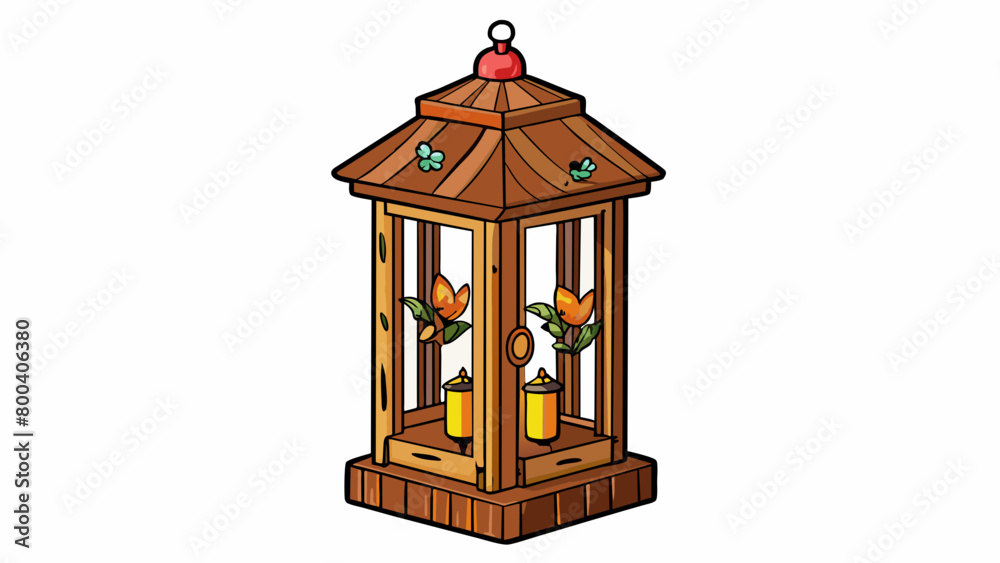 Poster a tall wooden lantern sits proudly on the porch beckoning visitors with its cheerful glow. carved in