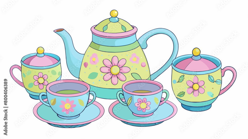 Poster a tea party set a plastic tea set including a teapot cups saucers and a sugar bowl. the teapot has a