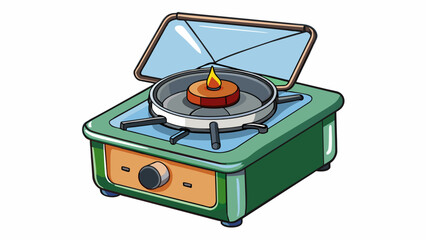 A sy camping stove with a builtin windscreen designed to withstand harsh weather conditions. It has a powerful burner that can quickly boil water or. Cartoon Vector.