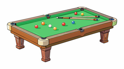 A sy table with four sy legs covered in green felt and surrounded by cushioned bumpers. Small white and colored balls are tered across the surface and. Cartoon Vector.