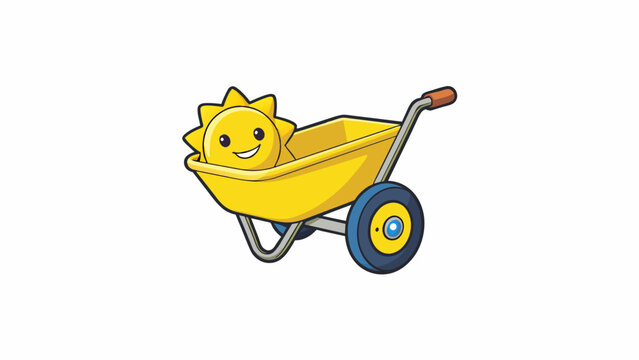 A sy plastic wheelbarrow painted in cheerful yellow and adorned with a smiling sun decal perfect for transporting toys rocks or other materials to and. Cartoon Vector.