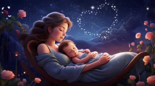 Cartoon animation of a lullaby: a baby sleeping in his mother's lap against the backdrop of a night sky decorated with flowers. 4K Lullaby video background