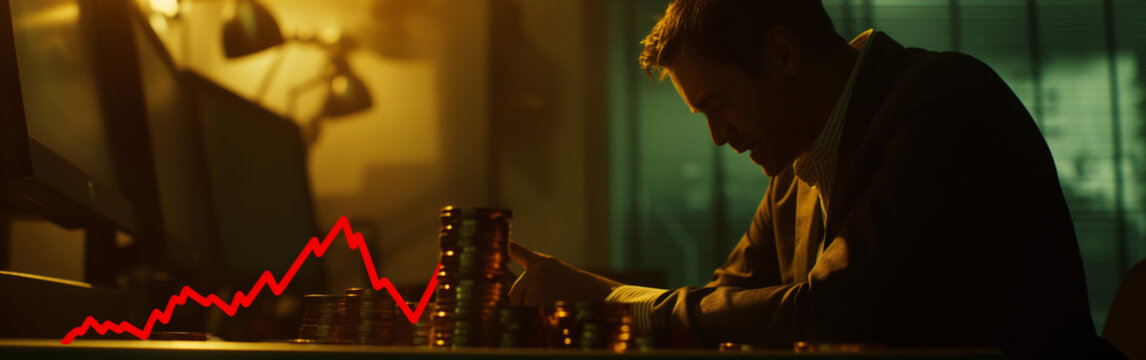 This image captures a shadowy individual stacking coins against a yellow rising stock market graph background