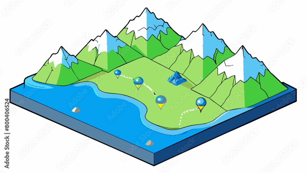 Poster A topographical map of a mountain range showing various elevation levels through contour lines. Rivers and lakes are represented by blue shading and. Cartoon Vector.