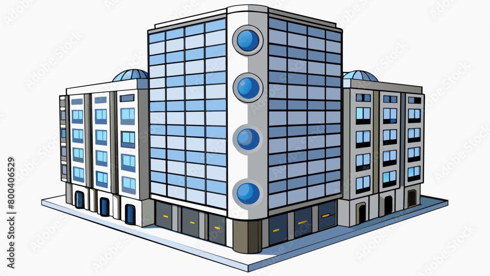 Poster A towering apartment building made entirely of metal and featuring large circular windows that overlook the vast expanse of space beyond. The building. Cartoon Vector.
