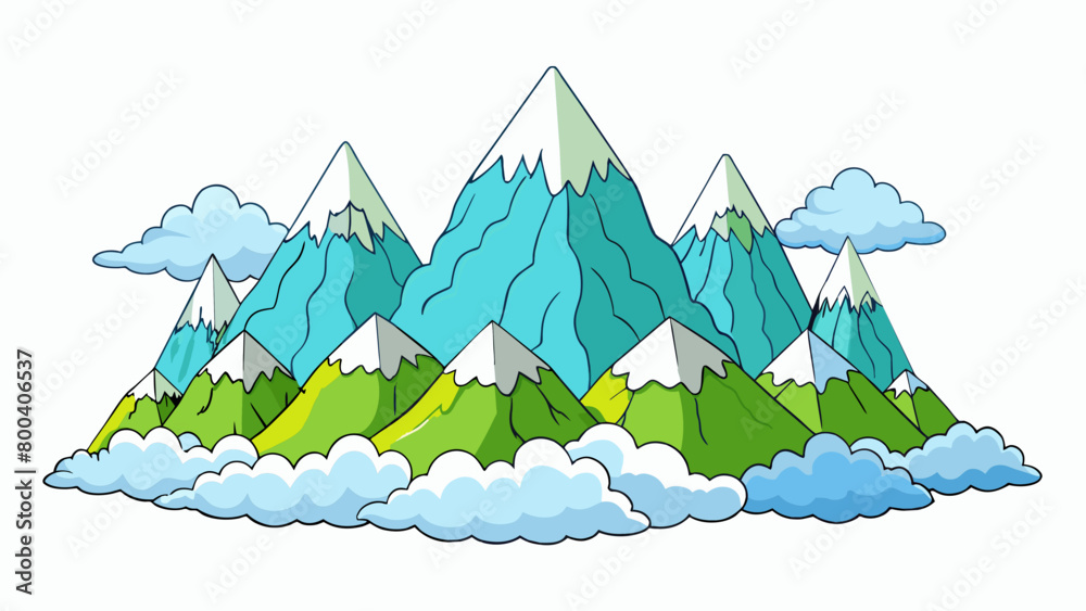 Poster A towering mountain range stretches as far as the eye can see its peaks covered in a blanket of thick clouds. These majestic giants are a testament to. Cartoon Vector.