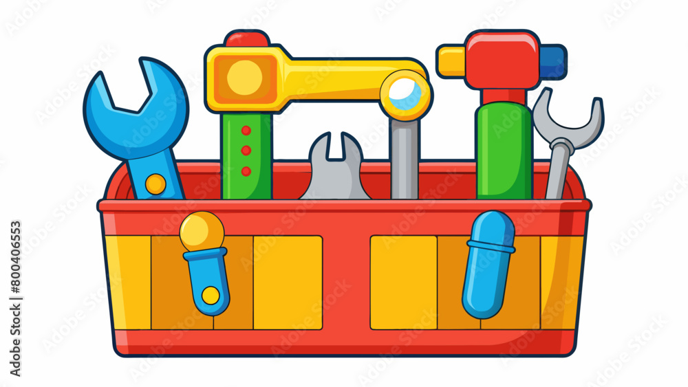 Poster A toy tool set that includes a hammer screwdriver and wrench. Each tool is made of brightcolored plastic and has a comfortable grip for easy use. The. Cartoon Vector.