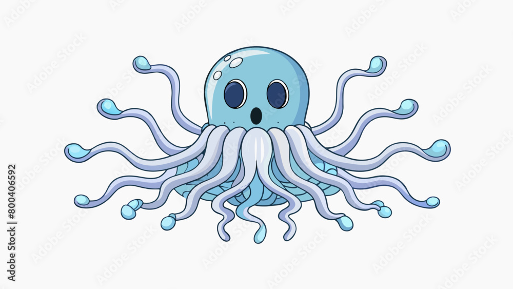 Poster A transparent ghostly shape pulsates through the water its numerous thin tentacles undulating in a hypnotizing rhythm.  on white background . Cartoon Vector.
