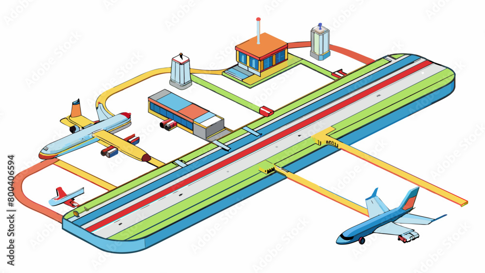 Poster A transportation map of a busy airport with different colored lines to denote the various runways and taxiways. The terminals are labeled with letters. Cartoon Vector.