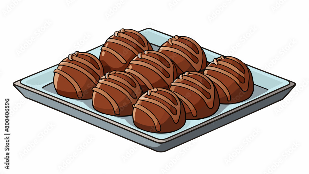 Poster a tray of bitesized fudge truffles coated in powdered sugar and drizzled with dark chocolate. the ve