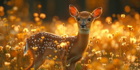 Fawn in the meadow with yellow flowers in the backlight