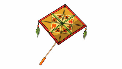 A traditional handcrafted kite made of thin paper and bamboo sticks decorated with intricate patterns and symbols soars high above the rooftops. . Cartoon Vector.