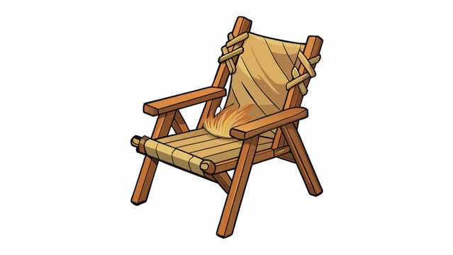 A traditional campfire chair made of wooden poles and woven ropes. It has a slanted backrest for a relaxed seating position and wooden armrests for. Cartoon Vector.