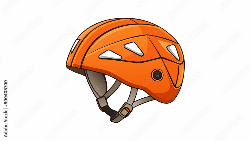 Poster a vibrant orange climbing helmet stands out with its unique shape designed to provide extra coverage