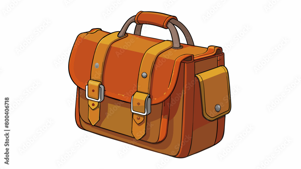 Poster A vintagestyle leather bag with a rugged distressed appearance. It has a spacious main compartment and smaller pockets for organizing smaller items.. Cartoon Vector.