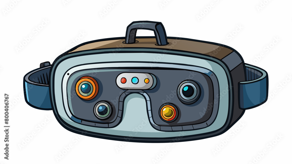 Poster A virtual reality headset that resembles a bulky circular helmet. It has a matte black finish with several sensors and cameras p around the device. A. Cartoon Vector.