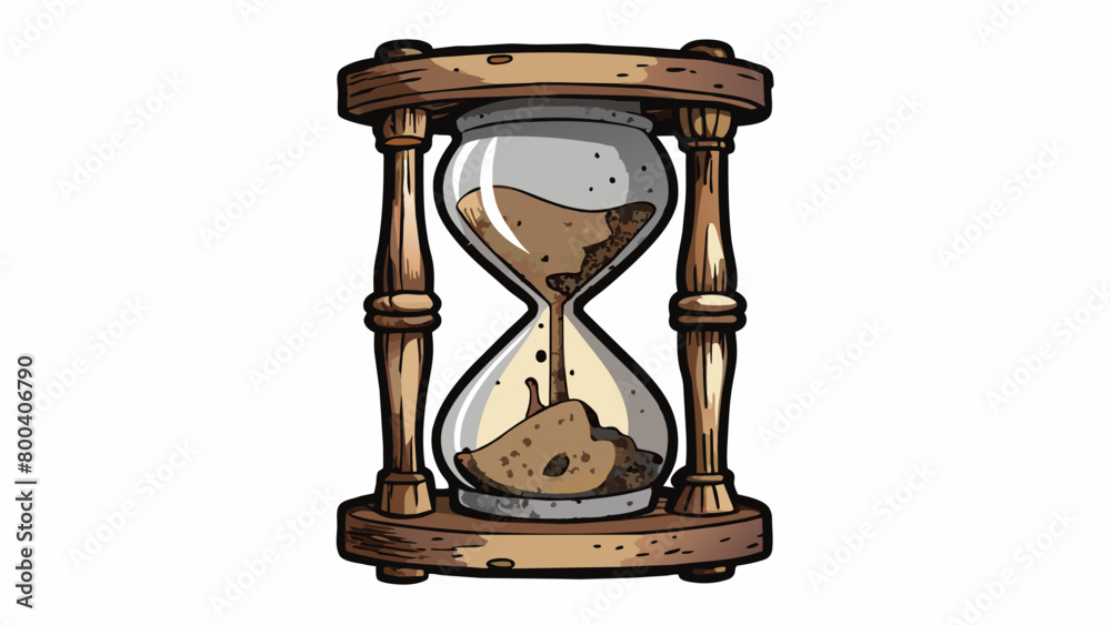 Poster a weathered hourglass its wooden frame caked with layers of dust rests on a bookshelf. the sand insi