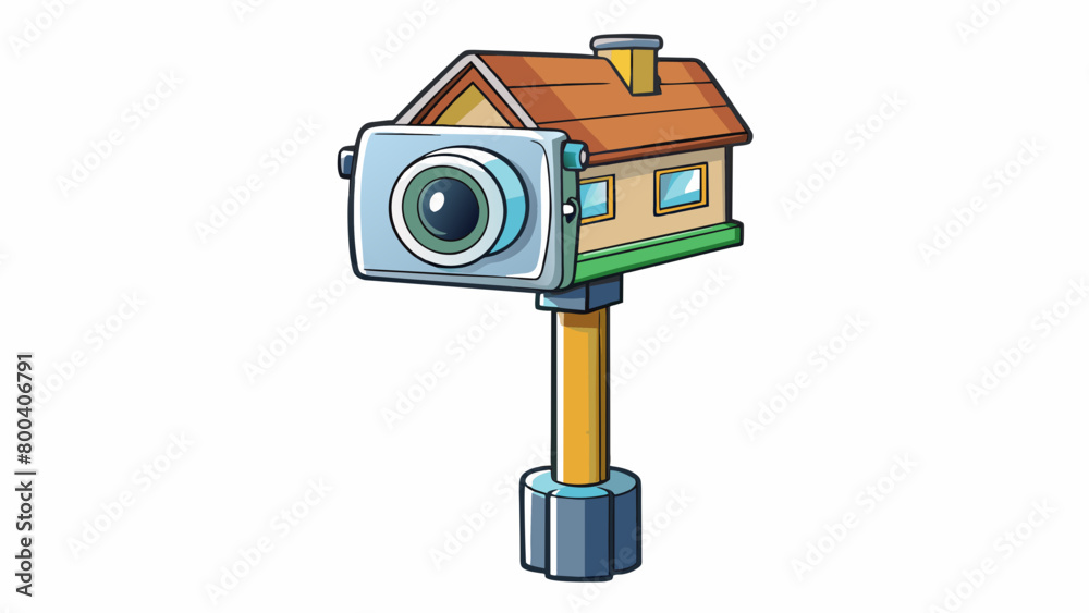 Aufkleber a weatherproof camera p in front of a residential house its slender body sitting atop a tall pole. i