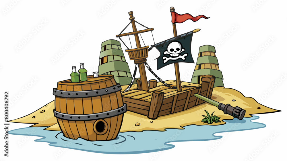 Poster A weathered Pirate ship with tattered sails and a Jolly Roger flag sits anchored in a cove surrounded by barrels of rum and crates of plunder.  on. Cartoon Vector.
