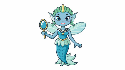 Fototapeta premium A water fairy with glistening scales and webbed fingers wearing a dress of seaweed and shells. She can control the tides and has a magical mirror that. Cartoon Vector.