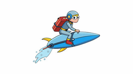 A waterpowered jetpack that ss onto a persons feet and propels them through the water like a dolphin. It has fins and a small tank of water attached. Cartoon Vector.