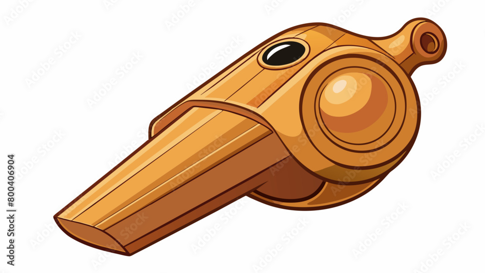 Poster A wooden whistle carved in the shape of a bird with intricate details and a smooth polished surface. When blown it produces a gentle chirping sound. Cartoon Vector.