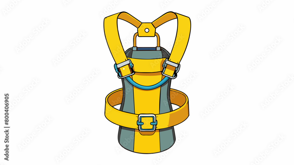 Poster a yellow safety harness with adjustable ss and a large buckle. it has a metal clip at the front and 