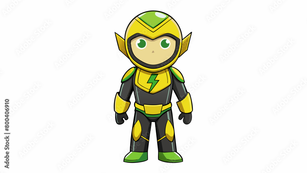 Poster a yellow and black jumpsuit with lightning bolt designs and glowing green accents equipped with a pa