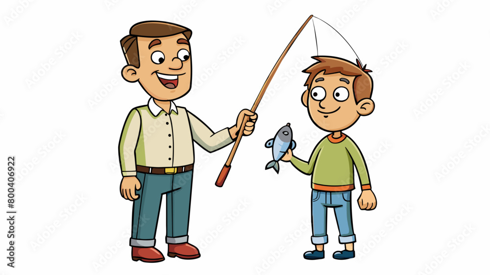 Poster a young boy eagerly holds up a small fish he caught with his makeshift fishing pole fashioned out of