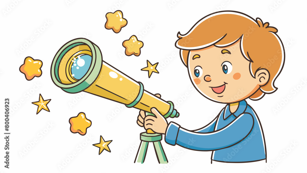 Poster A young Astronomer peers through a small handheld device mesmerized by the bright ling stars in the lens. The device is circular in shape and has a. Cartoon Vector.