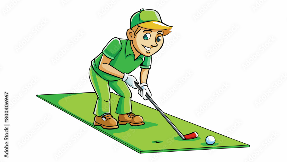 Poster Amidst a field of neatly trimmed grass a golfer carefully lines up his shot studying the slope of the green and the direction of the wind. His trusty. Cartoon Vector.